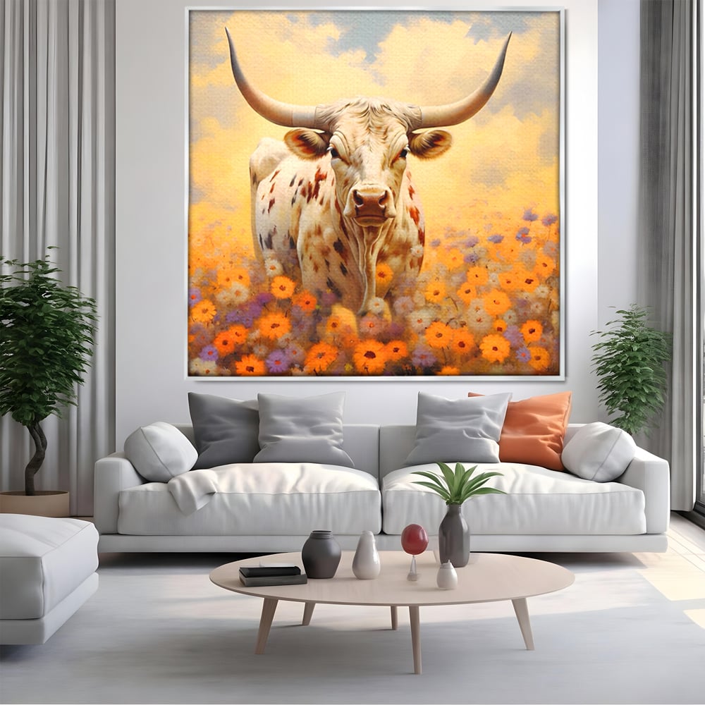 Tablou canvas cu tablou canvas cu bivol cu coarne mari, in rama de aluminiu argintiu, pe perete intr-un living